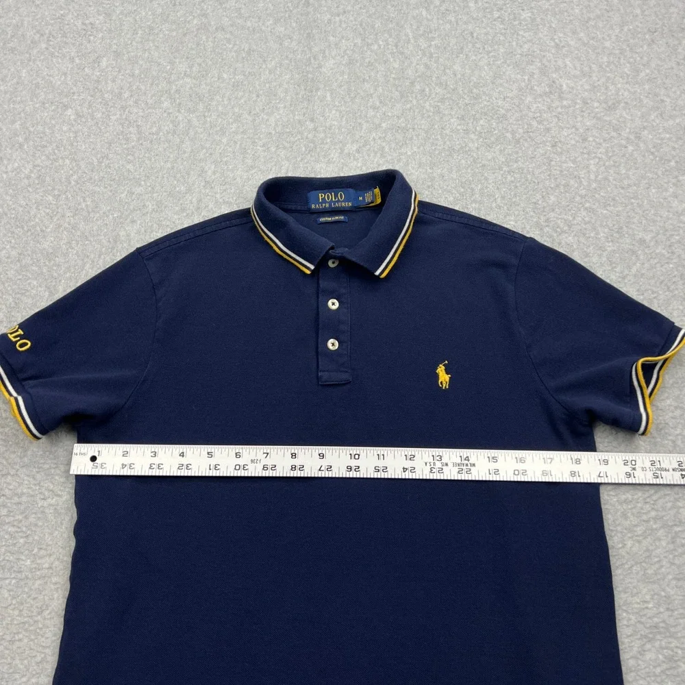 Polo Ralph Lauren Pique Shirt Mens Medium Blue Custom Slim Fit Knit Tipped Trim